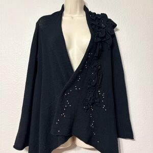 Casmari Black Cashmere Open Cardigan/Wrap with 3-D Floral and Crystal Accents